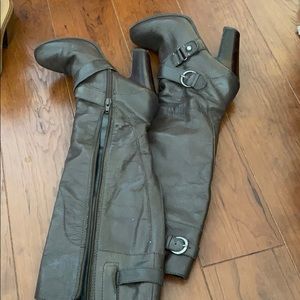 Dark brown, faux leather, knee high heeled boots